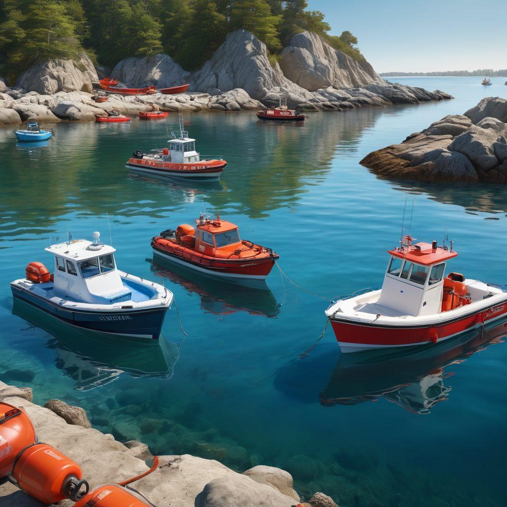 A serene harbor scene showcasing various boats with a clear blue sky, emphasizing safety equipment like life jackets and fire extinguishers onboard. Include a knowledgeable insurance agent discussing options with a family, surrounded by informative pamphlets. Highlight marine risk elements like a gentle wave and distant rocky shore. super-realistic. vibrant colors. 3D.