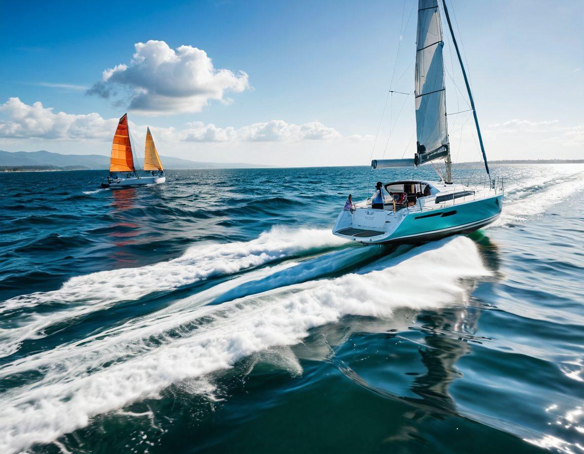 A split scene illustrating a serene sailboat gliding gently on calm waters on one side, and a sleek, powerful speedboat racing across choppy waves on the other. Include elements like insurance documents, life preservers, and waves splashing around to emphasize watercraft insurance needs. The color palette should be vibrant, capturing the beauty of both boat types. super-realistic. vibrant colors. white background.