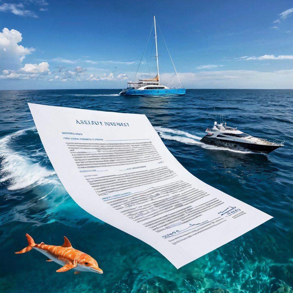 A serene ocean scene depicting a luxurious yacht gracefully sailing under a clear blue sky, surrounded by gentle waves. In the foreground, a maritime insurance policy document partially submerged in water, symbolizing safety and protection. Vibrant marine life like colorful fish and playful dolphins can be seen swimming nearby. The overall mood is calm and inviting, suggesting adventure and security on the open waters. super-realistic. vibrant colors. white background.